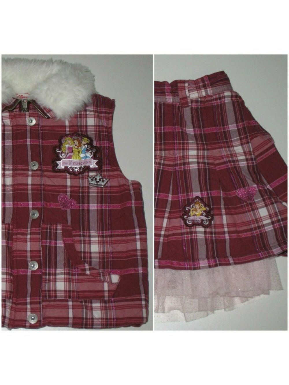Disney Princess Girls Pink Plaid Faux Fur Vest Skort 2 Piece Outfit Size 7/8